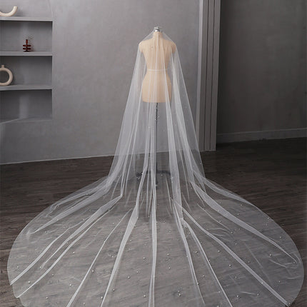 Pearl Wedding Veil 1 Layer Long Bridal Cathedral Veil - Royalessencelux