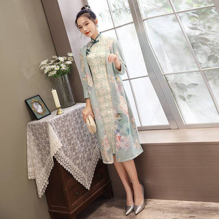 Women's Medium Length Cheongsam With Suede And Aodai Dress - Royalessencelux