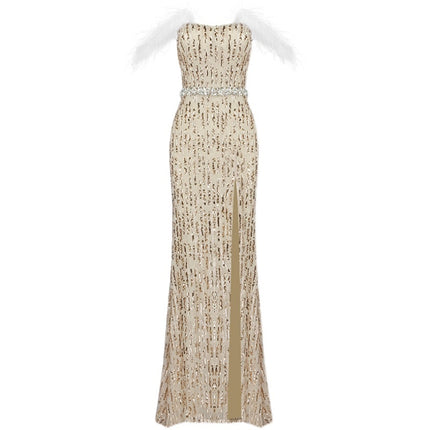 Feather Raglan Large Slit Sexy Fishtail Evening Dress - Royalessencelux