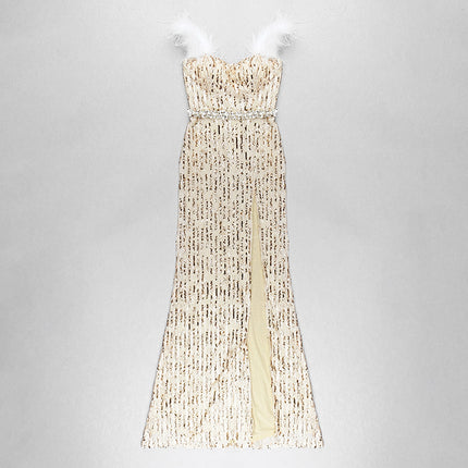 Feather Raglan Large Slit Sexy Fishtail Evening Dress - Royalessencelux