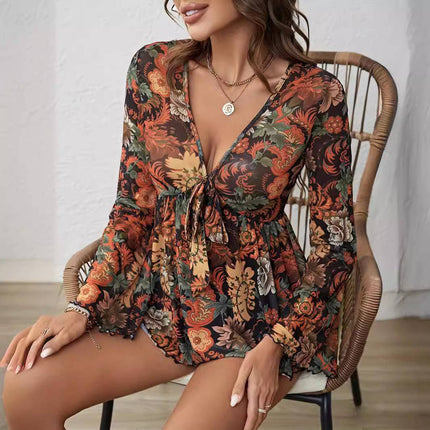 New Mesh Printed Front Knotted Flare Sleeve T-shirt Long-sleeved Top For Women - Royalessencelux