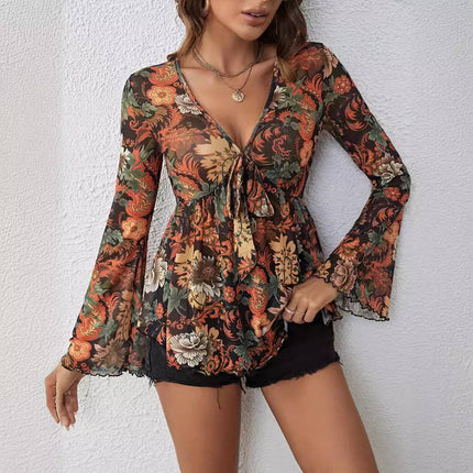 New Mesh Printed Front Knotted Flare Sleeve T-shirt Long-sleeved Top For Women - Royalessencelux