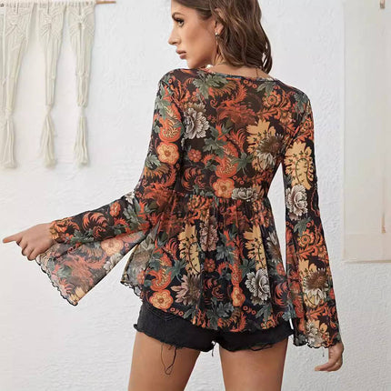 New Mesh Printed Front Knotted Flare Sleeve T-shirt Long-sleeved Top For Women - Royalessencelux