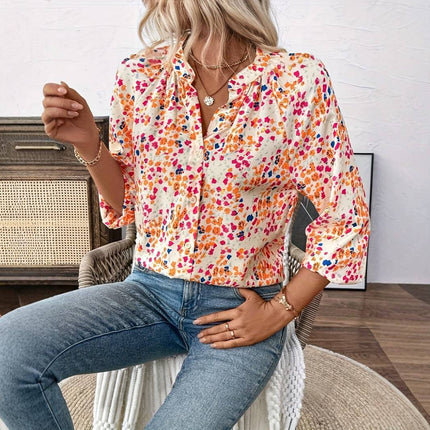 Women's Holiday Loose V-neck Lantern Sleeve Floral Print Shirt - Royalessencelux