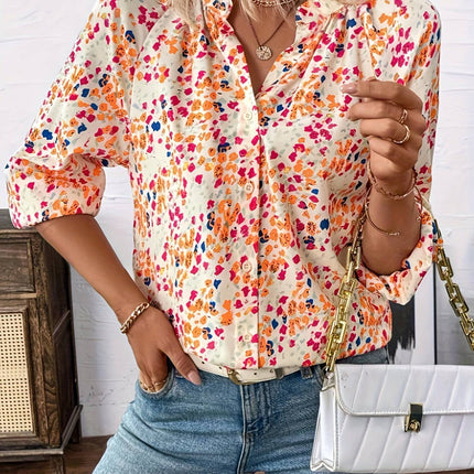 Women's Holiday Loose V-neck Lantern Sleeve Floral Print Shirt - Royalessencelux