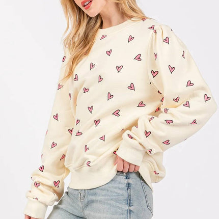 SAGE FIG Heart Printed Contrast Long Sleeve Sweatshirt - Royalessencelux
