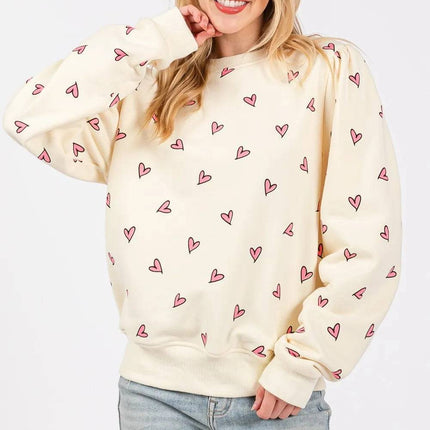 SAGE FIG Heart Printed Contrast Long Sleeve Sweatshirt - Royalessencelux