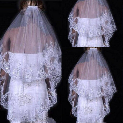 Bridal Sequined Polyester Veil Face Cover Two Layers Lace Sideband - Royalessencelux