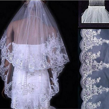 Bridal Sequined Polyester Veil Face Cover Two Layers Lace Sideband - Royalessencelux