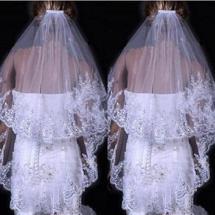 Bridal Sequined Polyester Veil Face Cover Two Layers Lace Sideband - Royalessencelux