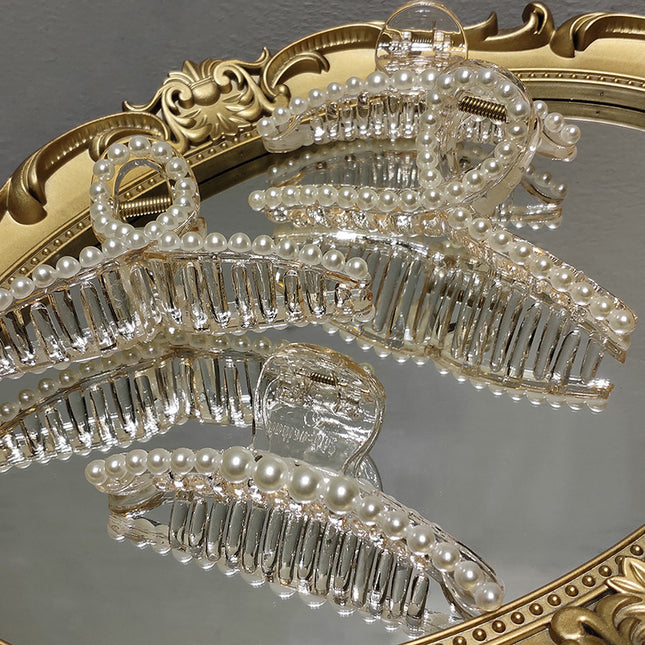 Pearl Grab Clip Gentle Transparent Cross Hair Back Head Hair Catch Korean Ins Large Net Red Shark - Royalessencelux