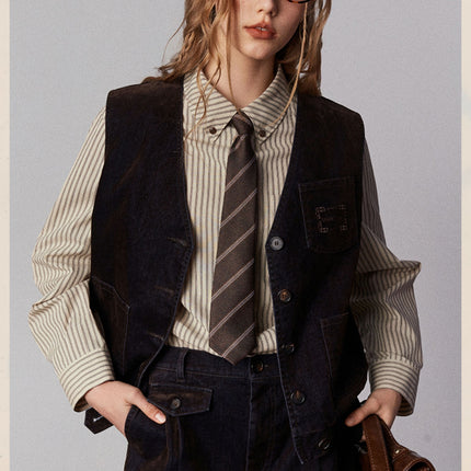 American Retro Casual Fashion Classic Embroidered Lapel Cotton Striped Shirt For Women - Royalessencelux