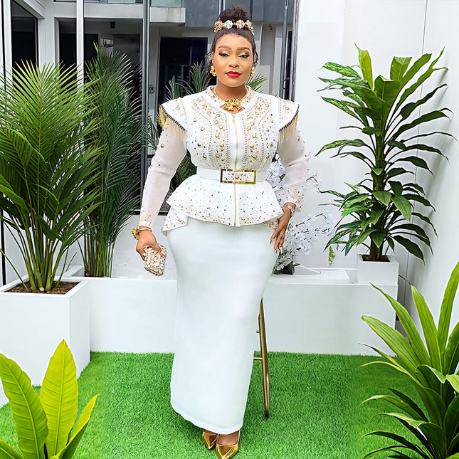 Solid Color Hot Drilling Plus Size Women's Skirt Two-piece Set - Royalessencelux