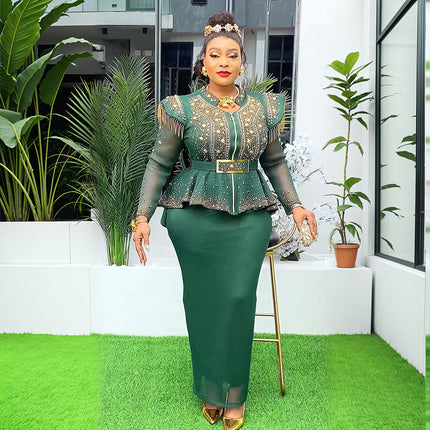 Solid Color Hot Drilling Plus Size Women's Skirt Two-piece Set - Royalessencelux