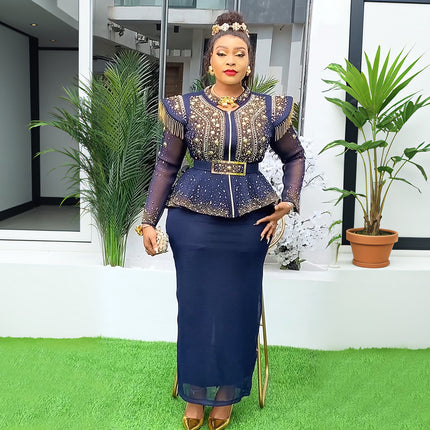 Solid Color Hot Drilling Plus Size Women's Skirt Two-piece Set - Royalessencelux