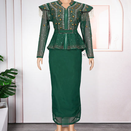 Solid Color Hot Drilling Plus Size Women's Skirt Two-piece Set - Royalessencelux