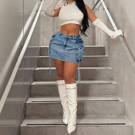 Cargo Pocket Long Tether Short Skirt Tooling Denim Skirt - Royalessencelux