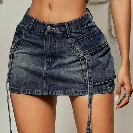 Cargo Pocket Long Tether Short Skirt Tooling Denim Skirt - Royalessencelux
