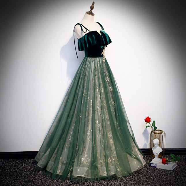 Banquet Sling Temperament Long Dress Dark Green Fantasy Mori - Royalessencelux