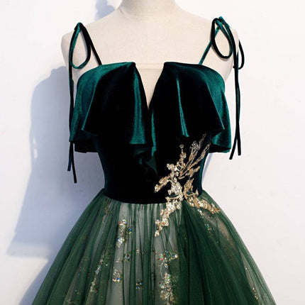 Banquet Sling Temperament Long Dress Dark Green Fantasy Mori - Royalessencelux