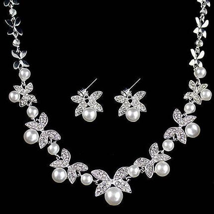 B0879 bride wedding jewelry accessories wholesale fashion diamond pearl necklace earrings set leaves the atmosphere - Royalessencelux