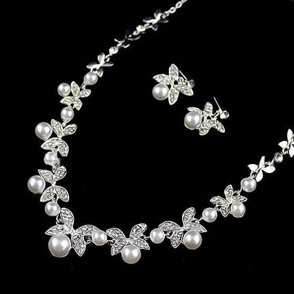 B0879 bride wedding jewelry accessories wholesale fashion diamond pearl necklace earrings set leaves the atmosphere - Royalessencelux