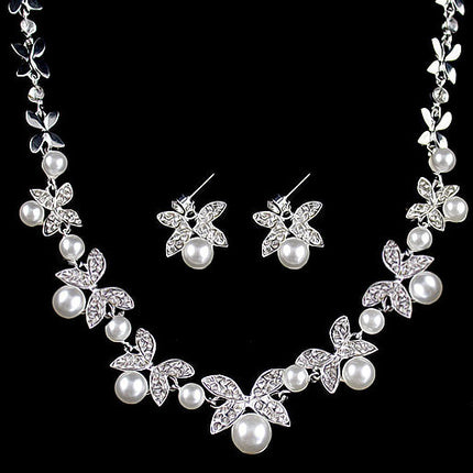 B0879 bride wedding jewelry accessories wholesale fashion diamond pearl necklace earrings set leaves the atmosphere - Royalessencelux