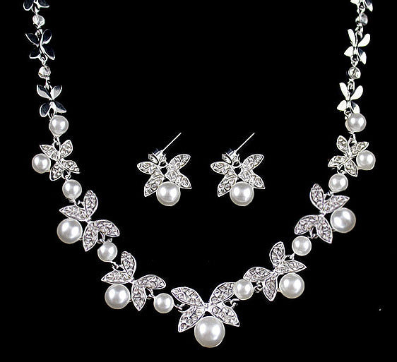 B0879 bride wedding jewelry accessories wholesale fashion diamond pearl necklace earrings set leaves the atmosphere - Royalessencelux