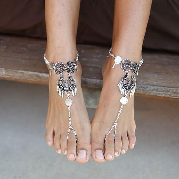 Bohemian Jewelry Antique Silver Color Hollow Flower Chain Anklets Beach Barefoot Sandals Foot Jewelry - Royalessencelux
