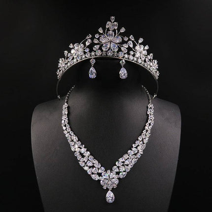 Bride headdress crown necklace three piece Earrings Korean wedding wedding wedding jewelry ornaments suit - Royalessencelux