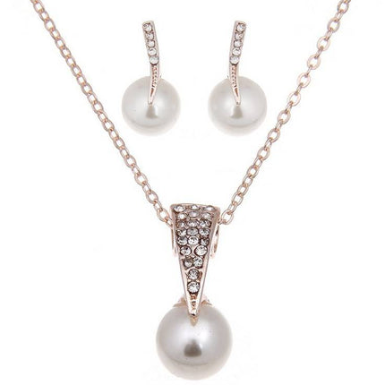 Bride Rhinestone Pearl Earrings Necklace Set Banquet Dress Jewelry - Royalessencelux
