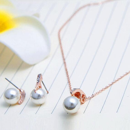 Bride Rhinestone Pearl Earrings Necklace Set Banquet Dress Jewelry - Royalessencelux