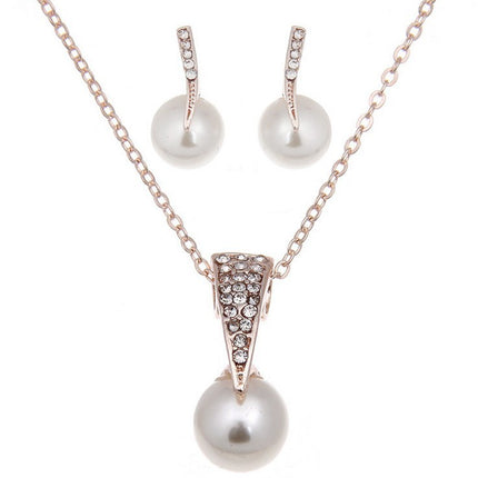 Bride Rhinestone Pearl Earrings Necklace Set Banquet Dress Jewelry - Royalessencelux