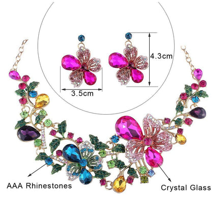 Europe and America luxury color flower crystal drill short clavicle Necklace Earrings Set women bride dinner dress ornaments - Royalessencelux