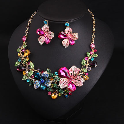Europe and America luxury color flower crystal drill short clavicle Necklace Earrings Set women bride dinner dress ornaments - Royalessencelux