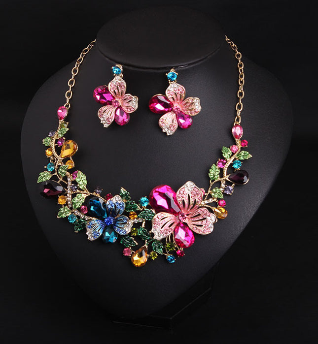 Europe and America luxury color flower crystal drill short clavicle Necklace Earrings Set women bride dinner dress ornaments - Royalessencelux