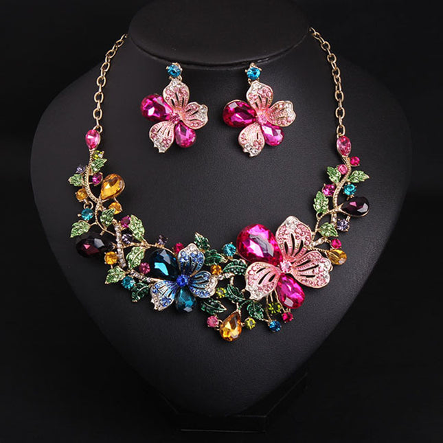 Europe and America luxury color flower crystal drill short clavicle Necklace Earrings Set women bride dinner dress ornaments - Royalessencelux