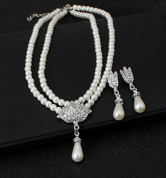 European and American foreign trade big wedding bride jewelry pearl crystal diamond necklace earrings set CMT087 - Royalessencelux