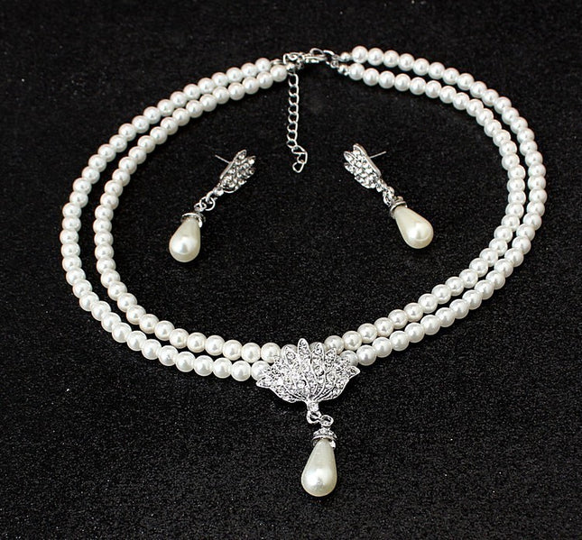 European and American foreign trade big wedding bride jewelry pearl crystal diamond necklace earrings set CMT087 - Royalessencelux
