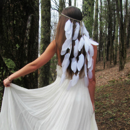 F98 white featherhead Bohemia wedding bride's feather band hair belt - Royalessencelux