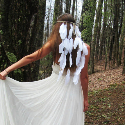 F98 white featherhead Bohemia wedding bride's feather band hair belt - Royalessencelux