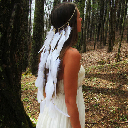 F98 white featherhead Bohemia wedding bride's feather band hair belt - Royalessencelux