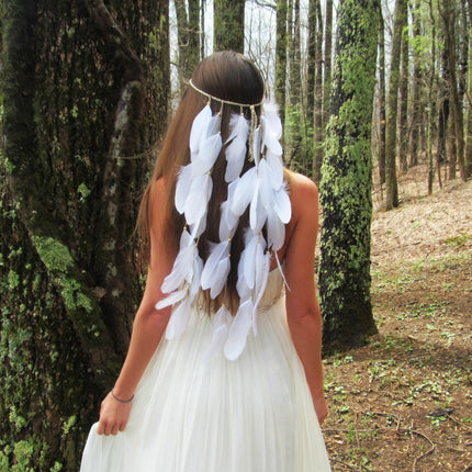F98 white featherhead Bohemia wedding bride's feather band hair belt - Royalessencelux