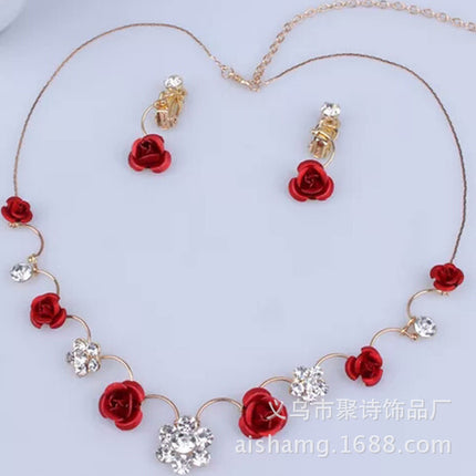 Korean small clear new bride red rose necklace, earrings, suit dress and accessories wholesale - Royalessencelux