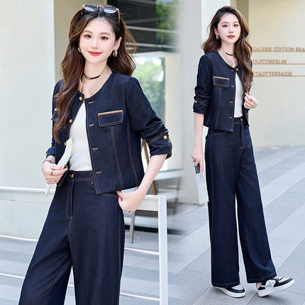 Elegance Retro Casual Denim Jacket High Waist Wide Leg Pants Two-piece Suit - Royalessencelux