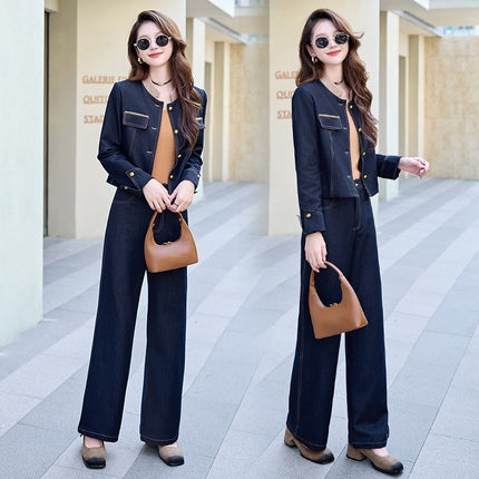 Elegance Retro Casual Denim Jacket High Waist Wide Leg Pants Two-piece Suit - Royalessencelux