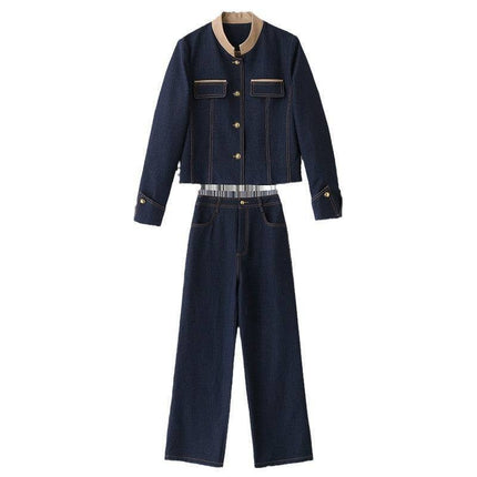 Elegance Retro Casual Denim Jacket High Waist Wide Leg Pants Two-piece Suit - Royalessencelux