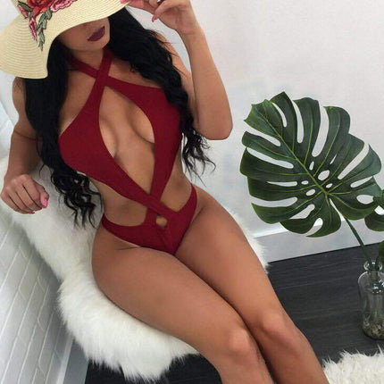 Amazon WISH New Sexy Halter Cross Design Solid Color Bikini Swimwear Women - Royalessencelux