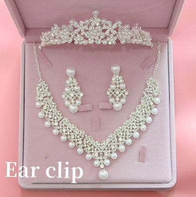 Hot bridal jewelry three sets of Korean big crown Wedding Pearl Necklace Set wedding accessories wholesale - Royalessencelux
