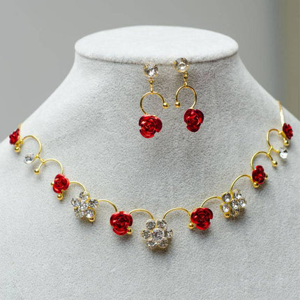New Korean bridal jewelry necklace, earring, red rose necklace set, Wedding Toasting dress, accessories - Royalessencelux